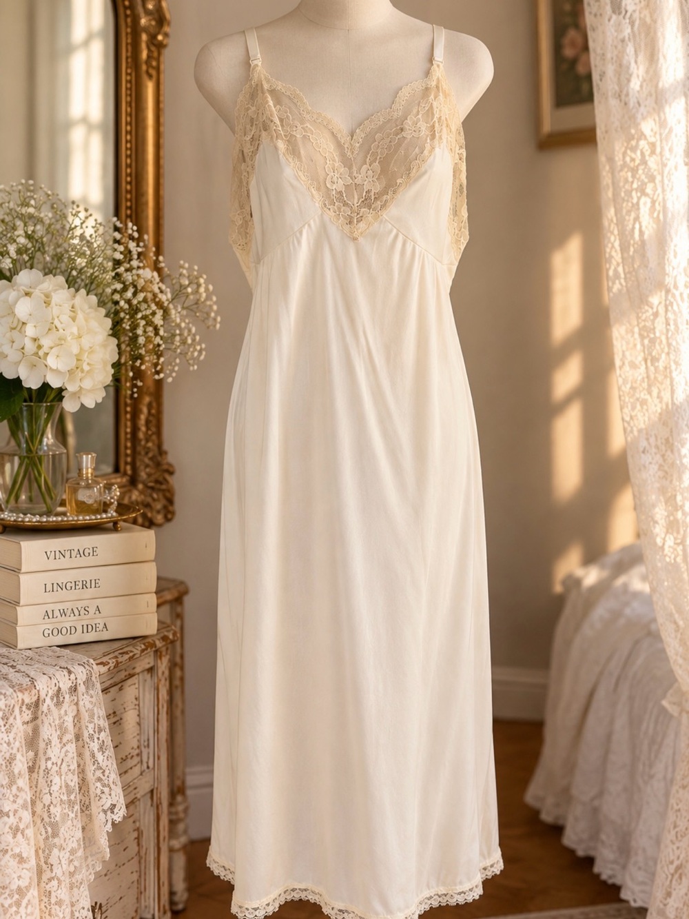 Vintage Ivory Lace Full Slip Dress Lingerie Nightgown Cottagecore 34” Bust